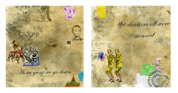 As We Go Up and Doubters, 2010. Mixed Media on Paper. 24x24 each.