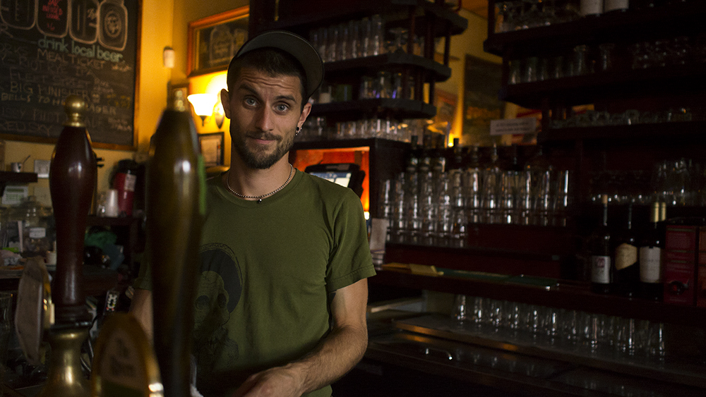 Ryan Harvey tending bar at Liam Flynn's Ale House while he hooks us up with European contacts.